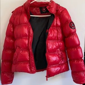 Red puffer jacket